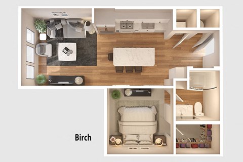 Floor plan for 1 bed, 1 bath, 684 sqft